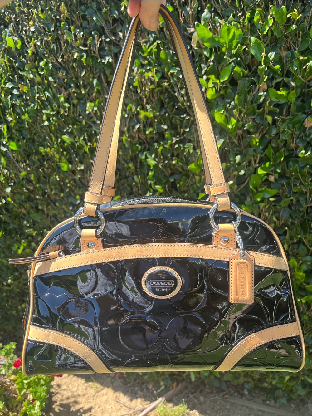 Coach Peyton Black Patent Leather Signature C Shoulder Bag with Tan Trim